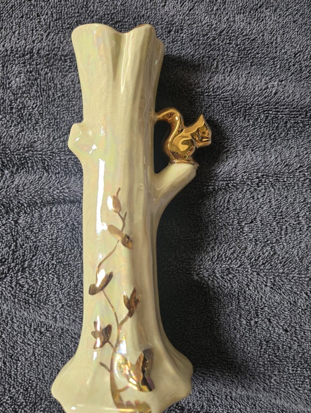 Iridescent Cream Ceramic Tree Vase with Gold Squirrel Accent